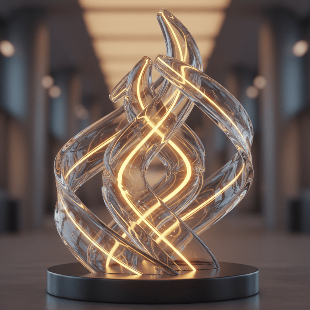 Abstract twisted glass sculpture with internal glowing orange light filaments on a dark base.