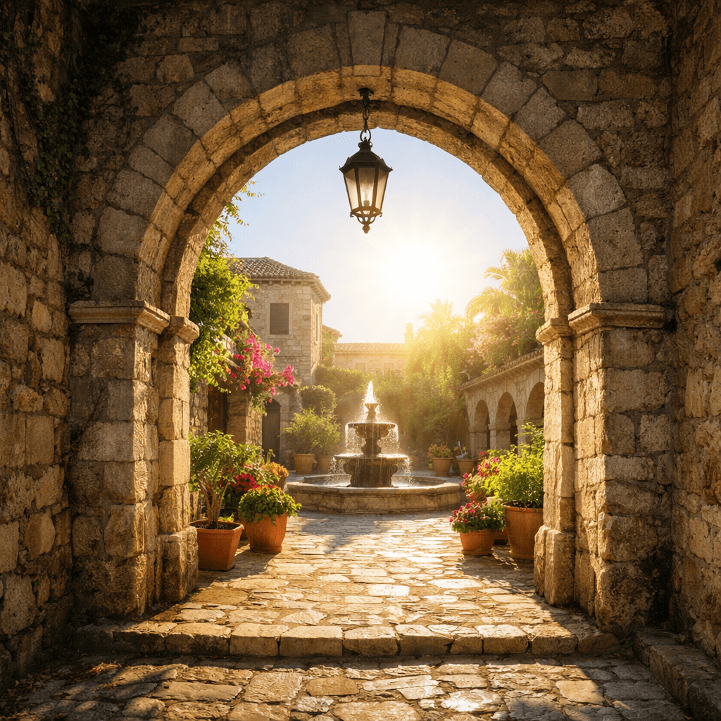 Stone archway opening to a sunlit courtyard with a fountain, potted flowers, and Mediterranean-style buildings