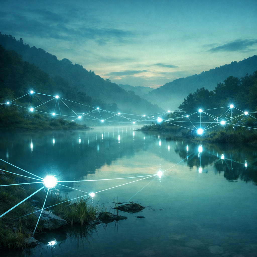 Calm river with glowing nodes and connecting lines forming a digital network overlay