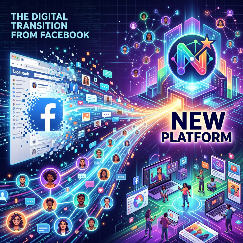 Users transitioning digitally from Facebook to a new connected social media platform