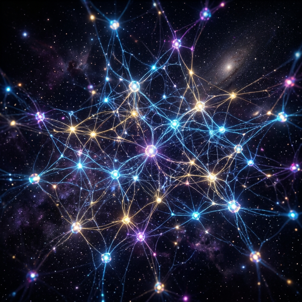 Glowing interconnected nodes forming a neural network with blue and yellow connections.
