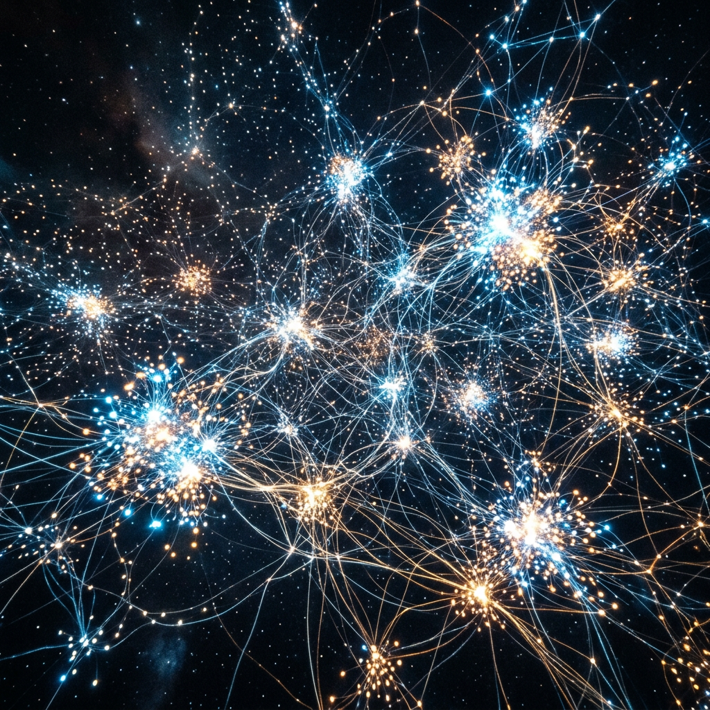 Glowing clusters connected by intricate light strands in blue and orange hues