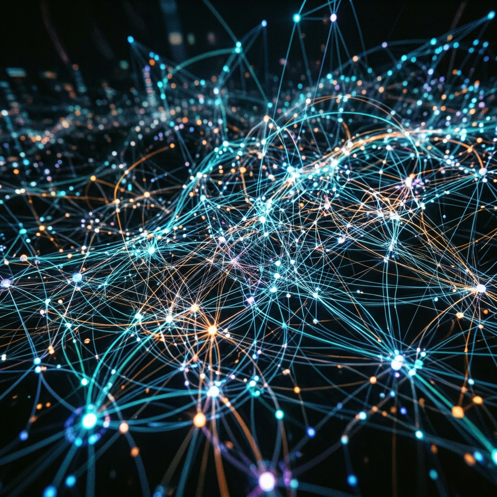 Abstract network of interconnected glowing nodes and lines on a dark background