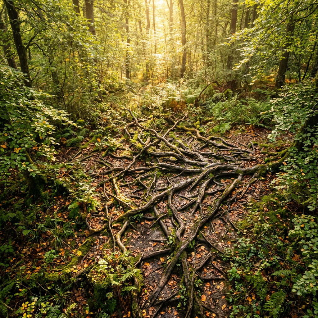 Exposed tree roots sprawling across a forest floor surrounded by green foliage and sunlight filtering through trees