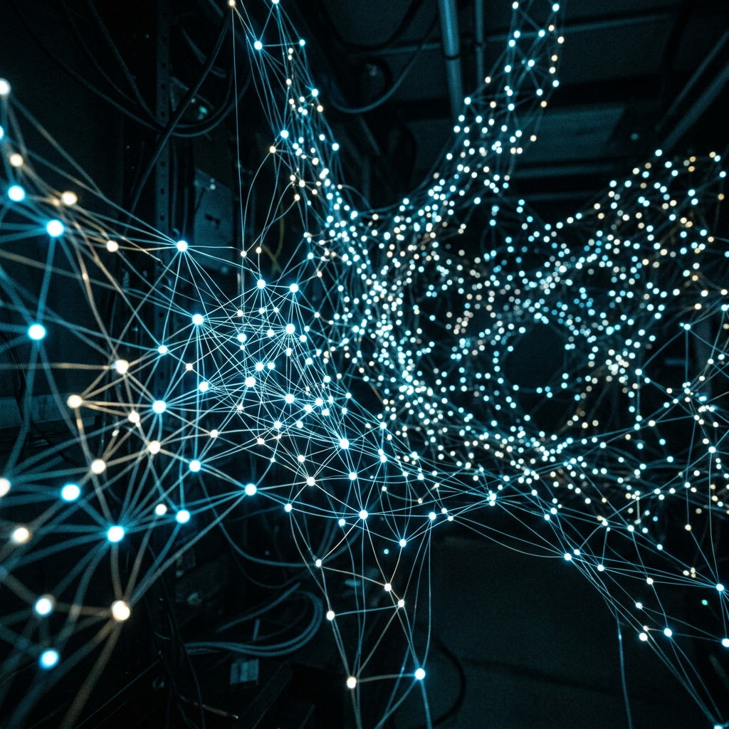 Glowing blue and white digital network nodes interconnected by thin lines.