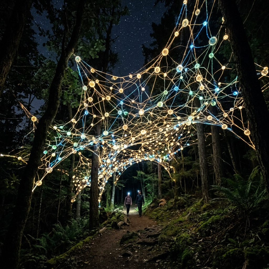 Glowing web of interconnected lights suspended above a forest path at night with two people walking underneath