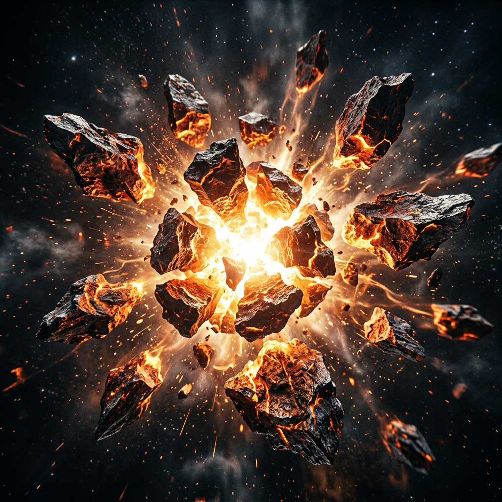 Fiery meteor fragments exploding outward with glowing cracks and sparks in space