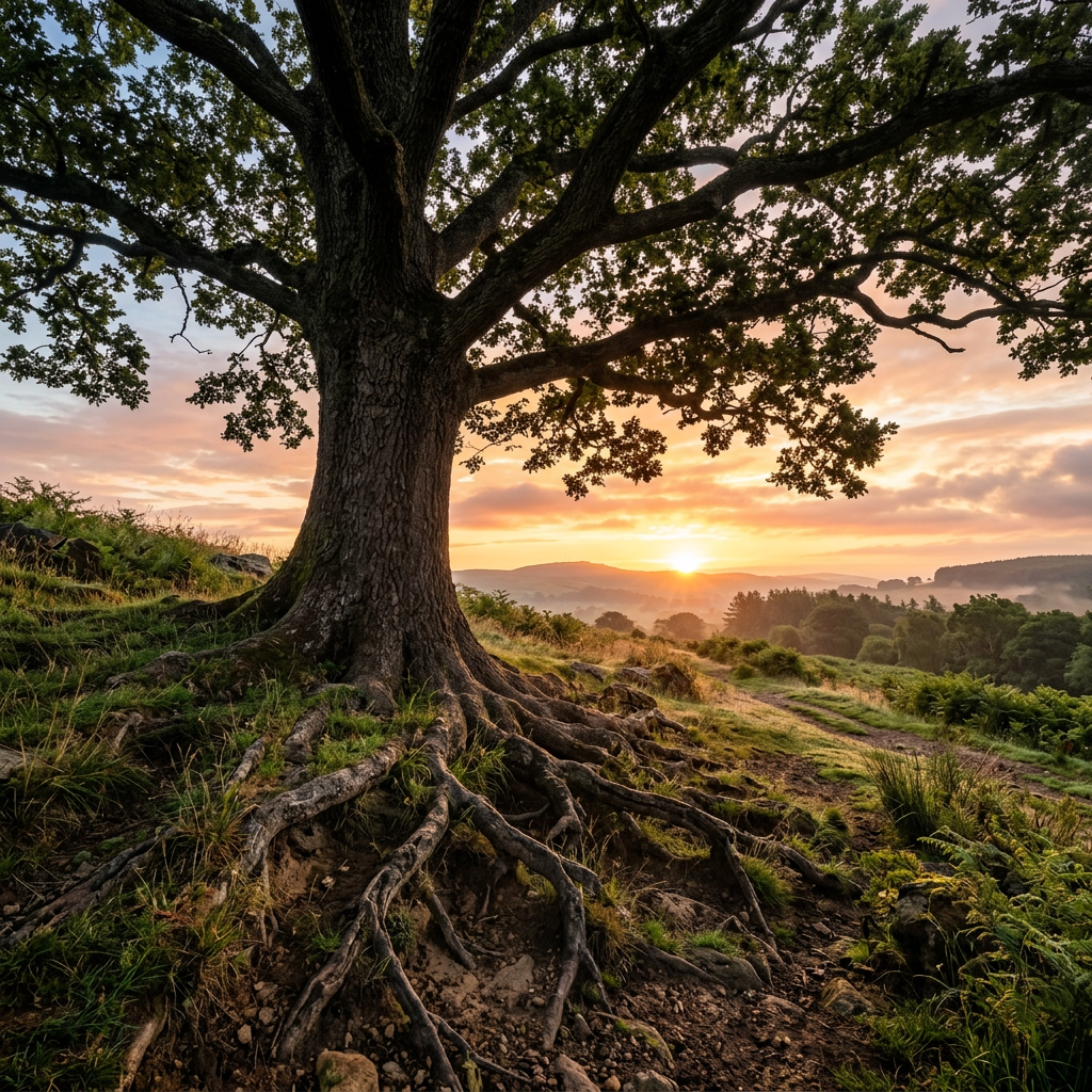 Large tree with exposed roots on a hillside at sunrise with hills and trees in the background