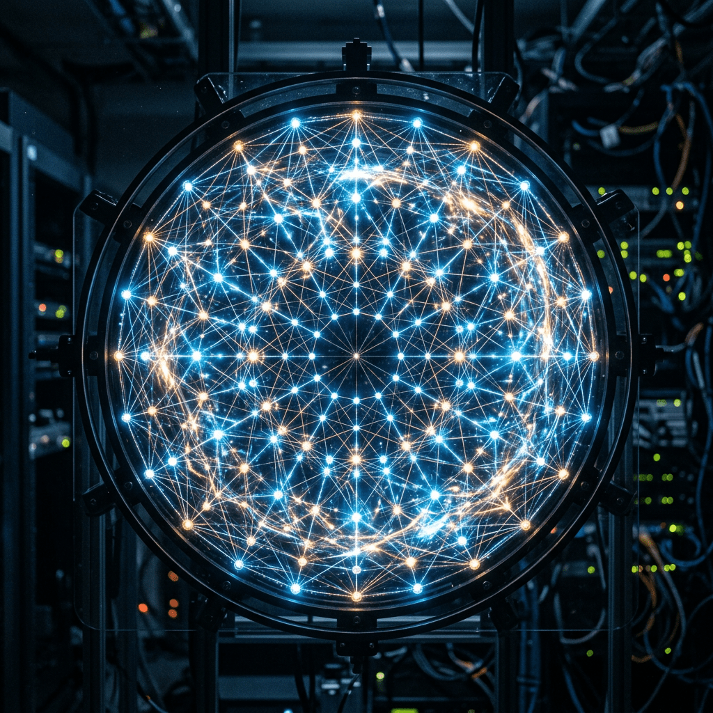 Circular display showing interconnected glowing blue and orange nodes forming a digital network