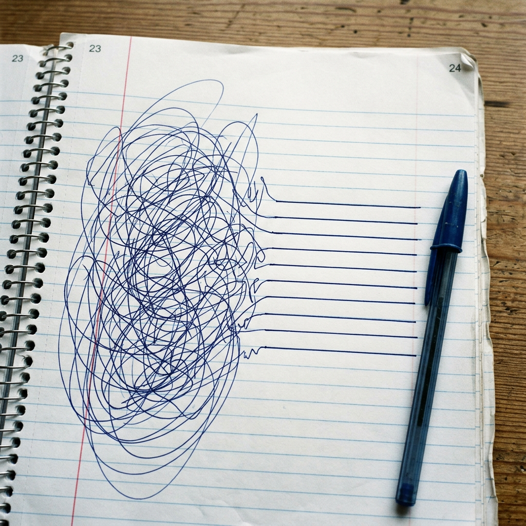 Blue pen scribbles transforming into straight lines on notebook paper