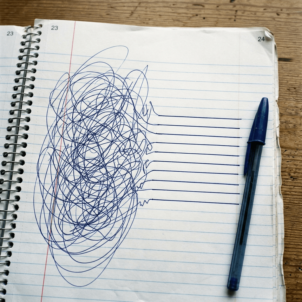 Blue pen scribbles transforming into straight lines on notebook paper