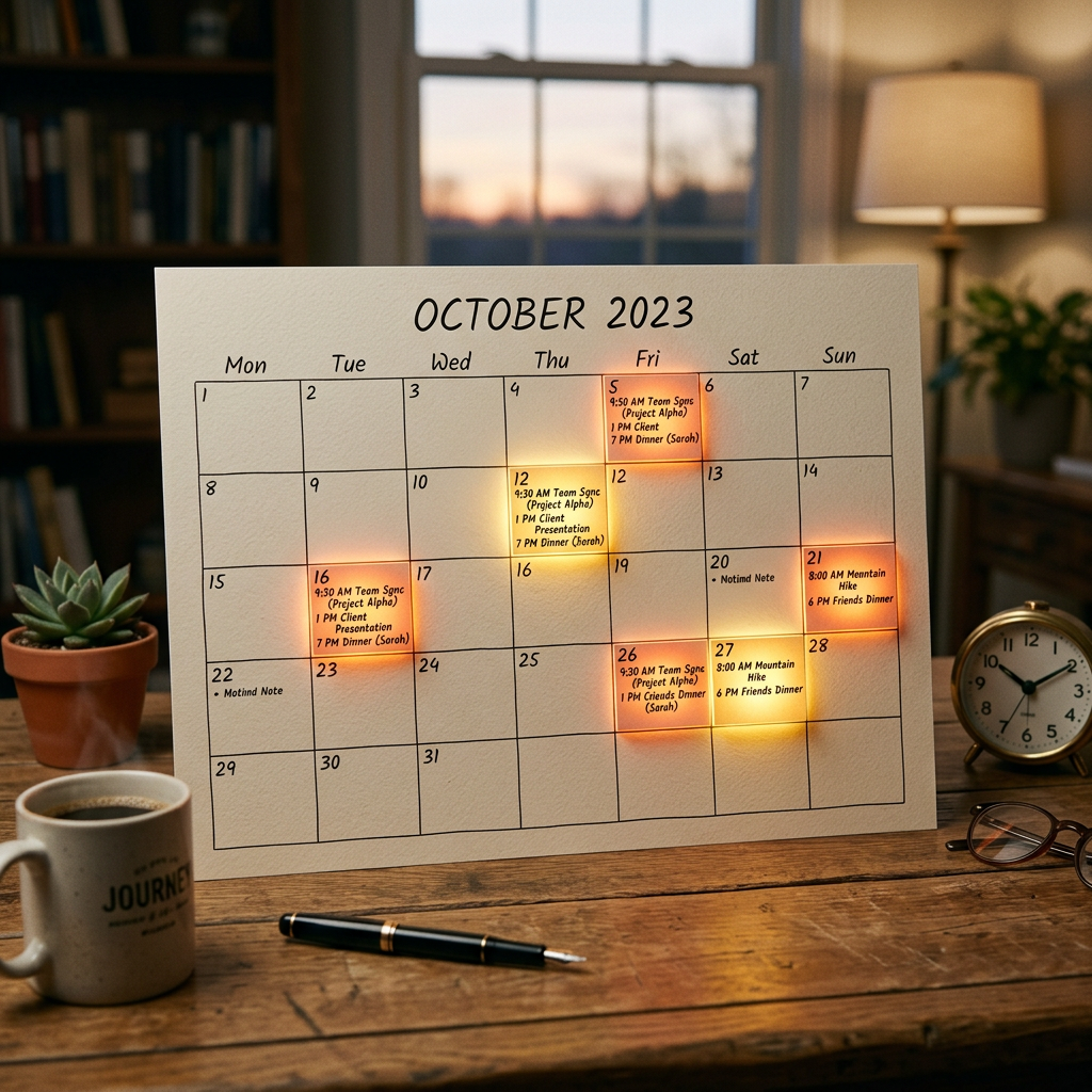 October 2023 calendar with marked meetings, dinners, and hikes