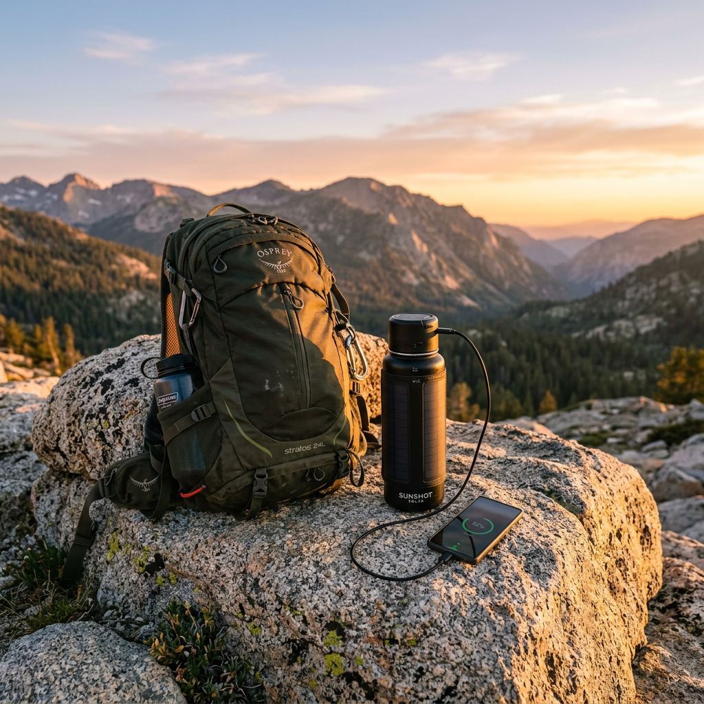 Solar-powered water bottle charging a smartphone on a rocky surface with hiking backpack