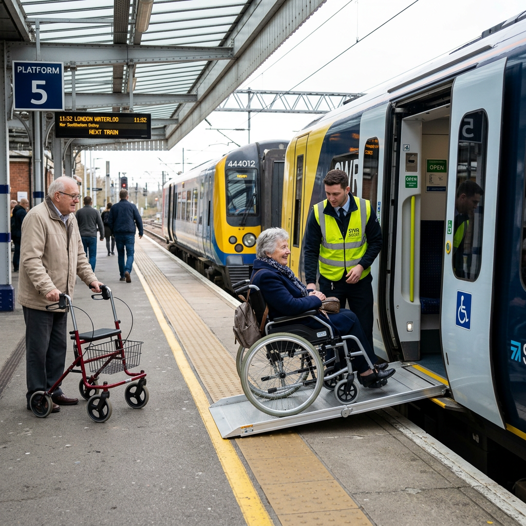 Elderly woman in wheelchair boarding train with staff assistance via ramp