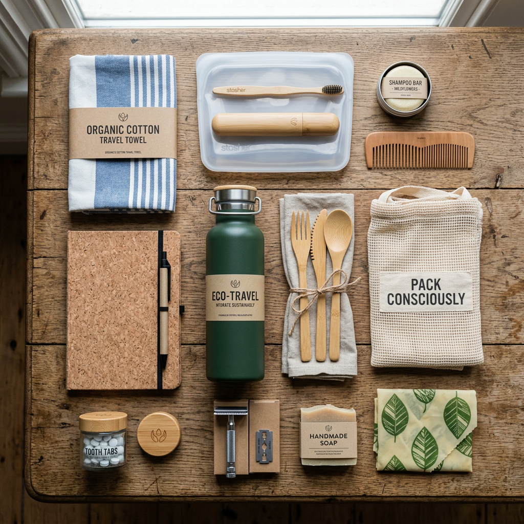 Eco-friendly travel items including towel, toothbrush, water bottle, cutlery, soap, comb, razor, and reusable bags