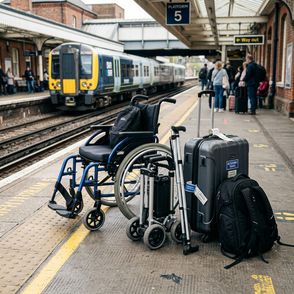 Wheelchair, crutches, suitcase, and backpack on train platform near arriving train