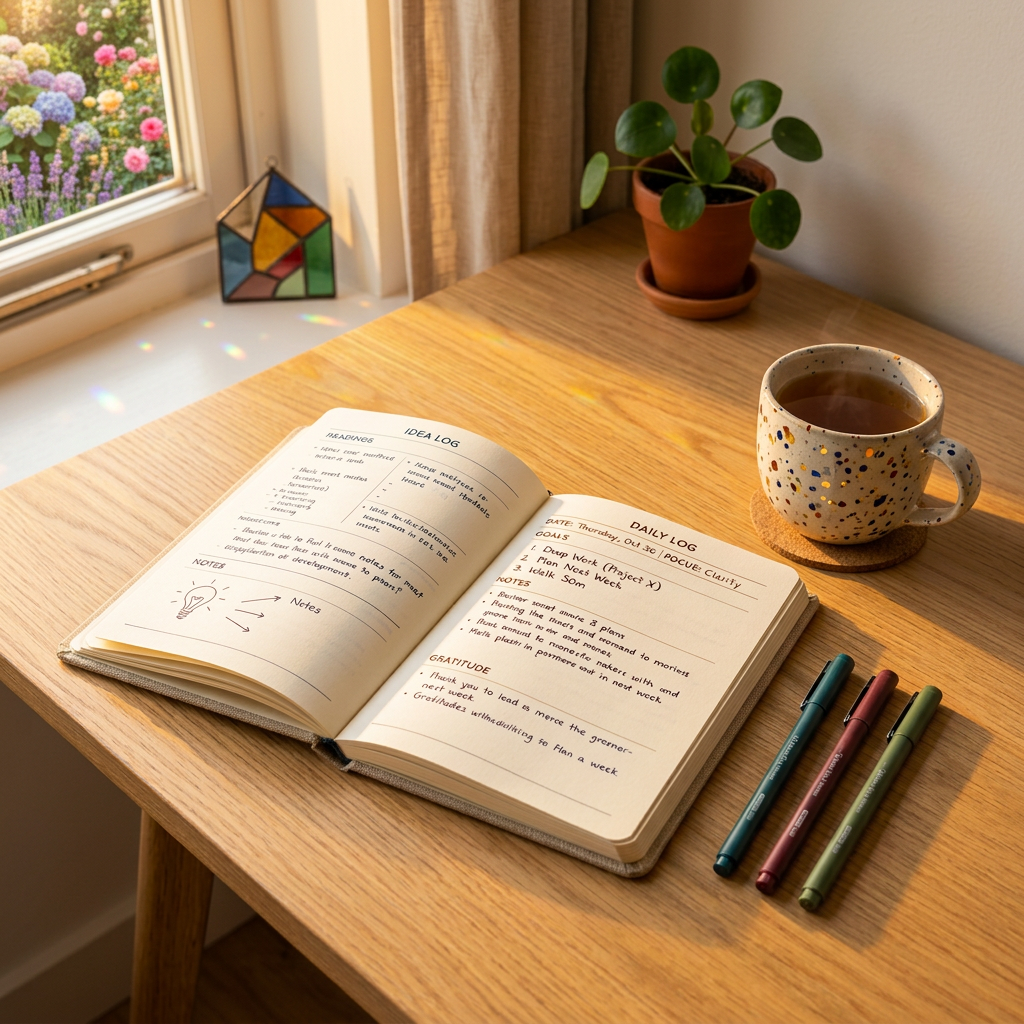 Open daily journal with handwritten notes, pen, tea cup, and small plant on wooden desk