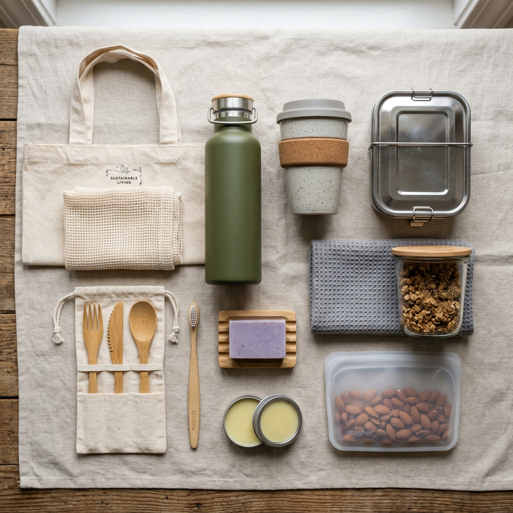 Reusable tote bag, water bottle, bamboo utensils, soap, snack containers, and other sustainable living items on a fabric surface