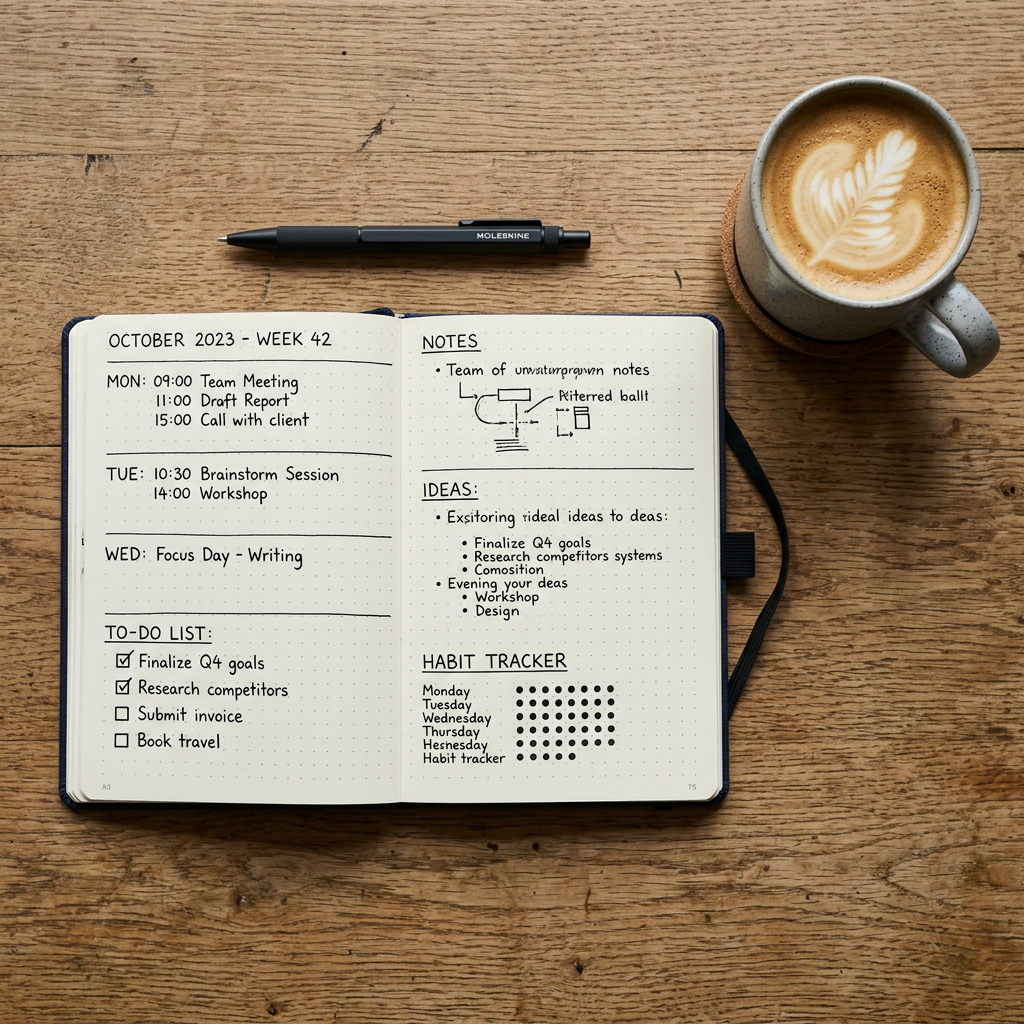 Open weekly planner showing schedule, to-do list, notes, ideas, and habit tracker with a pen and cup of latte on wooden surface