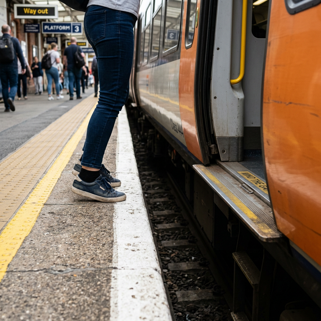 Person stepping onto an orange train from platform edge