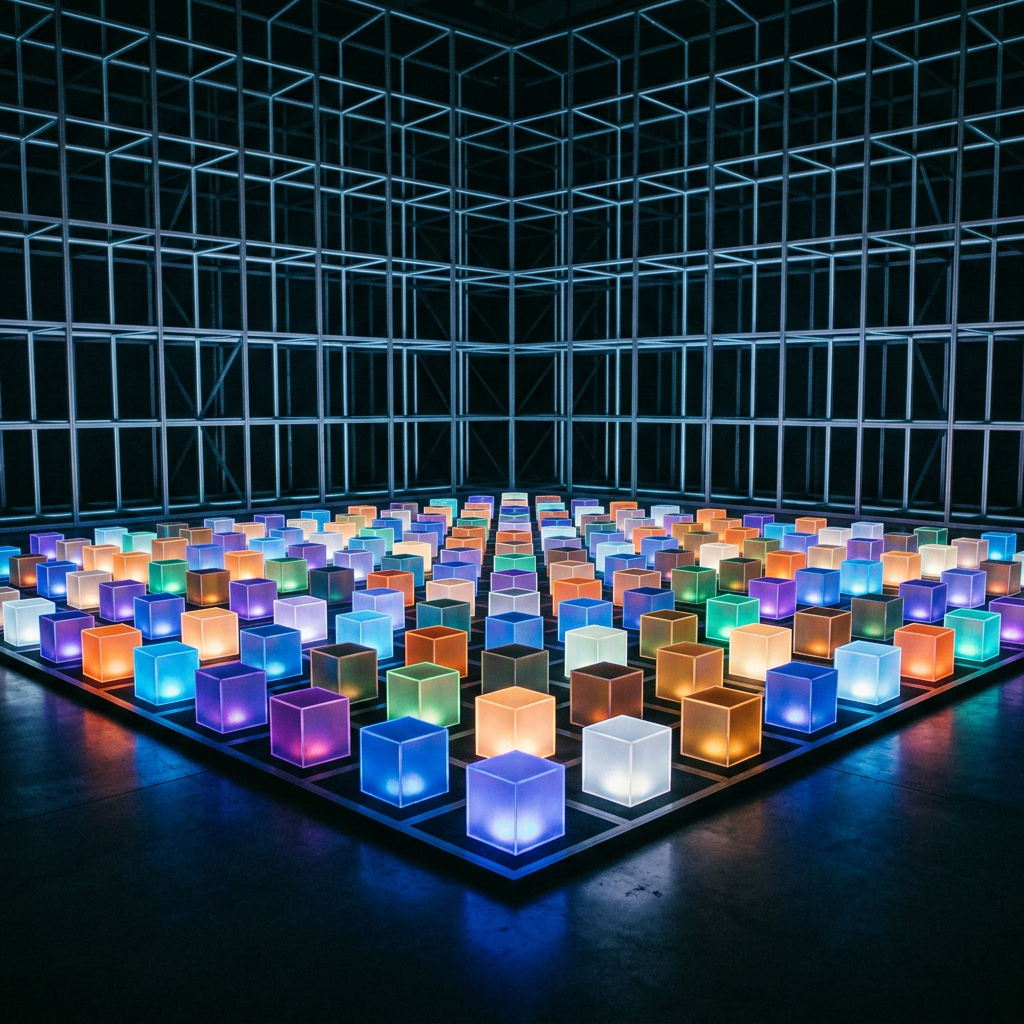 Grid of glowing cubes in blue, orange, purple, green, and white arranged on the floor