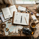 Current image: Open travel journal with Italy notes, vintage camera, maps, postcards, tickets, and tea cup on rustic wooden table