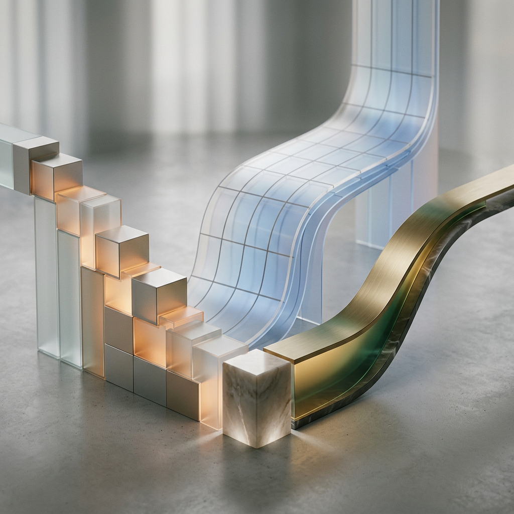 Abstract sculpture with stacked blocks and flowing metallic curves